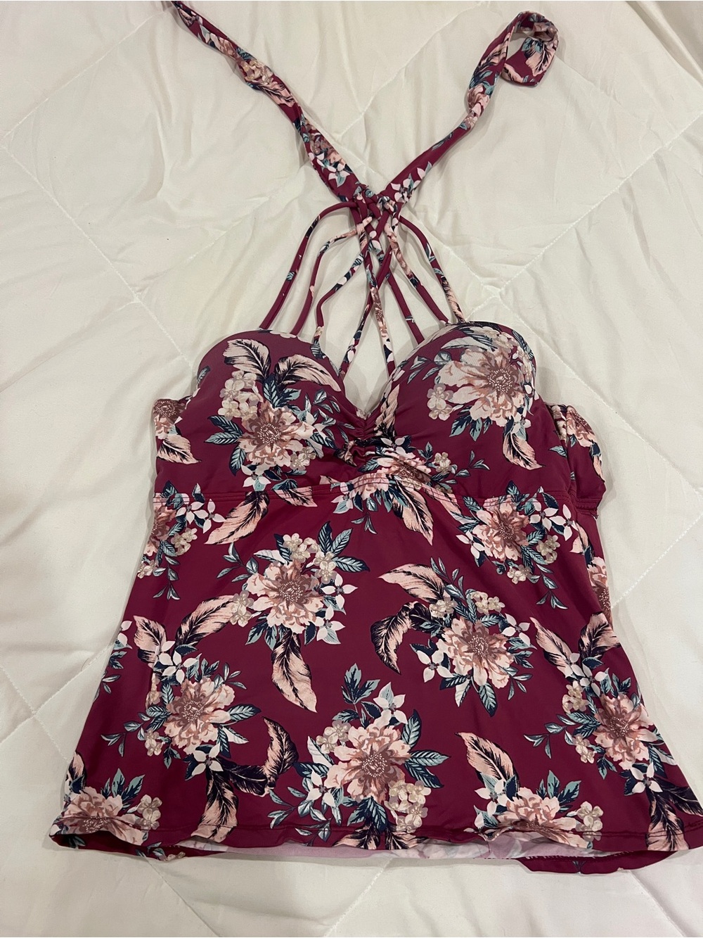 Ambrielle Burgundy Floral Tankini Top with Crisscross Straps size M